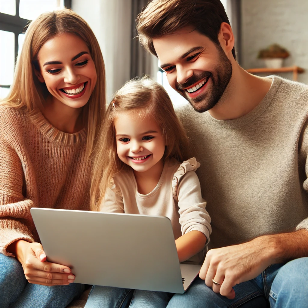 A family (mother, father, and daughter) looking happily at a laptop screen, engaged and smiling in a modern, bright living room