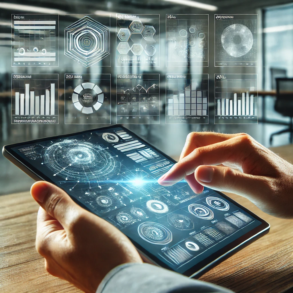 A close-up of a hand interacting with a digital dashboard on a tablet, showing various data and analytics. The background is a modern office setting