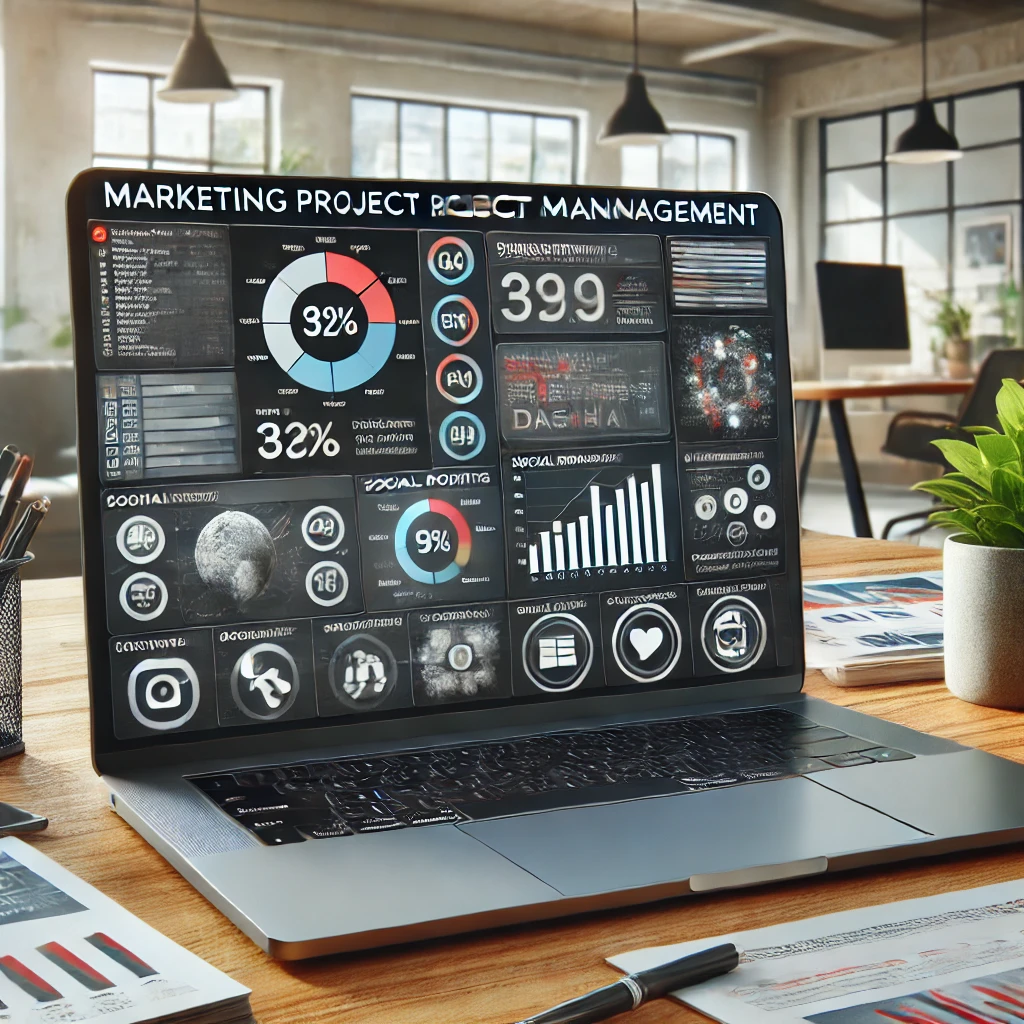 A laptop on a desk showing a marketing project management dashboard, with flyers, brochures, and social media posts spread around the laptop. The back