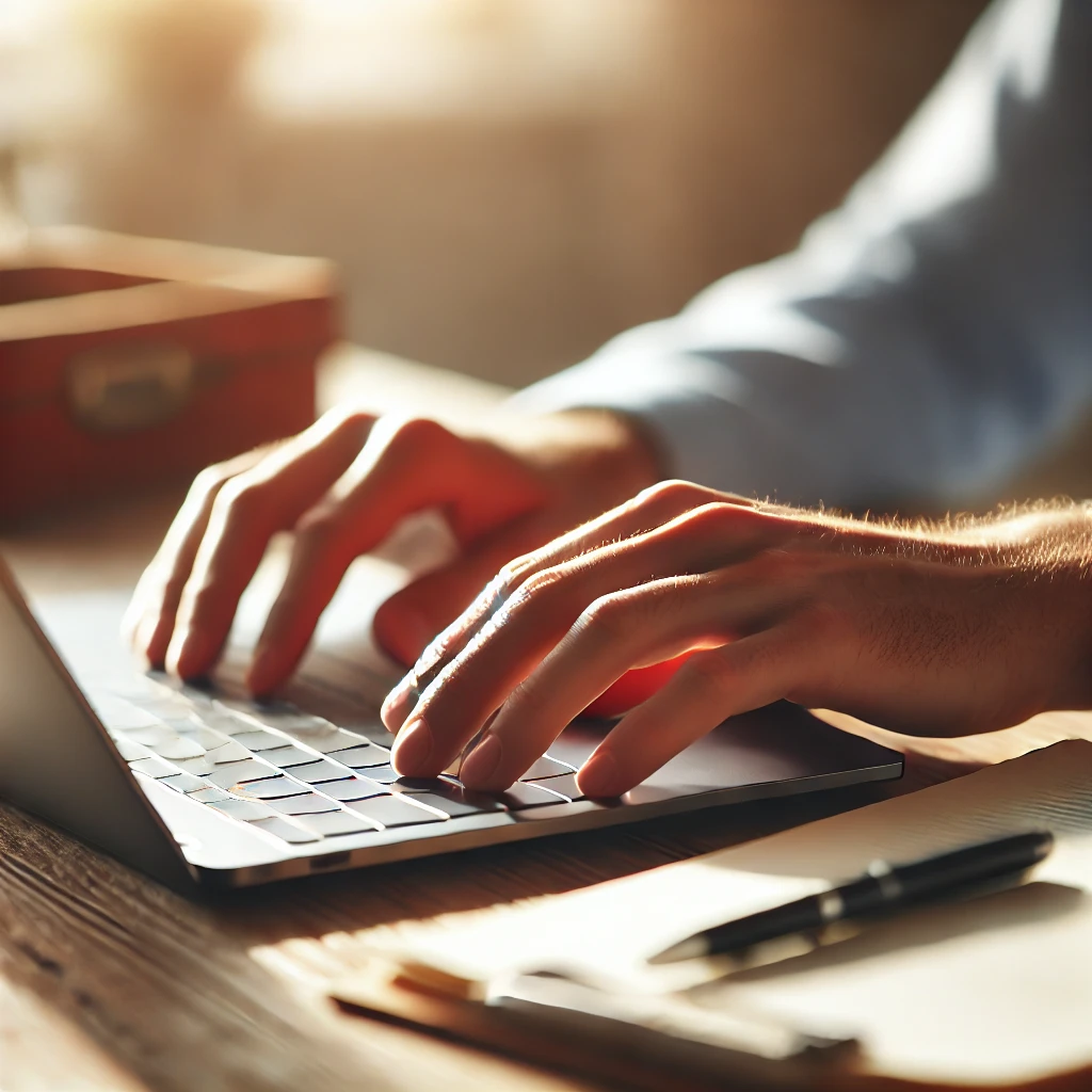 A close-up of a person's hand typing on a laptop, with a wooden desk and soft sunlight in the background. The image conveys a sense of productivity an