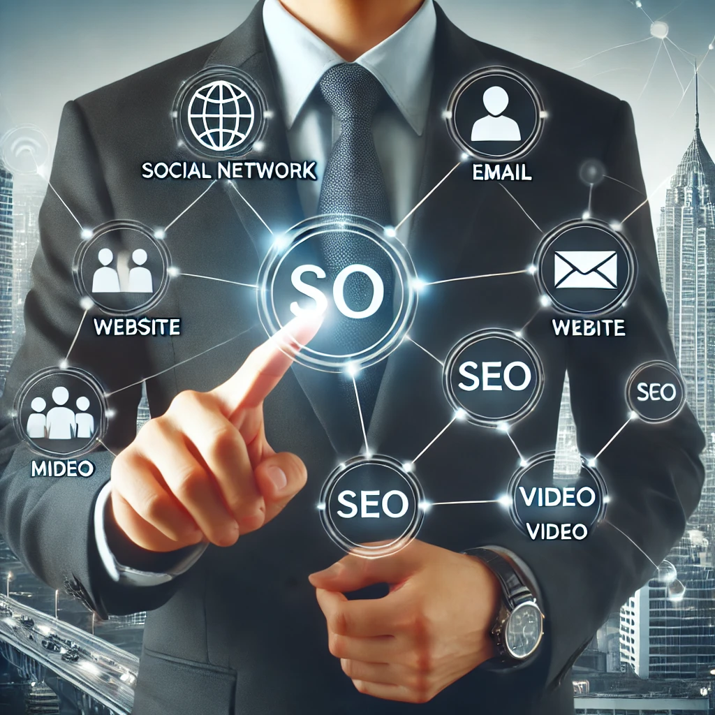 A businessperson in a suit pointing to a digital marketing interface with icons representing social network, email, website, SEO, mobile, video. The b